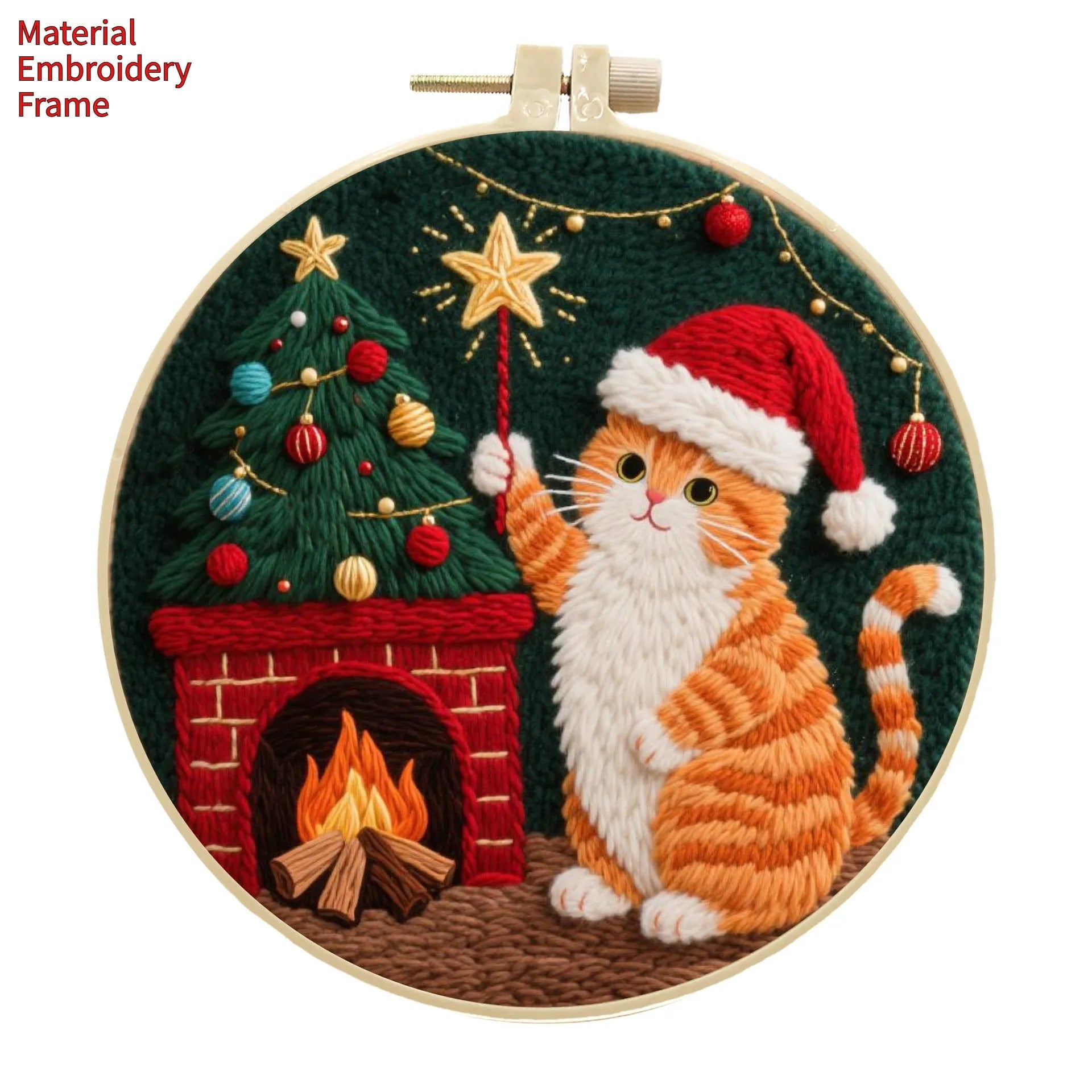 Cat embroidery DIY material package with autumn fruit designs on cotton linen fabric and 20cm bamboo frame