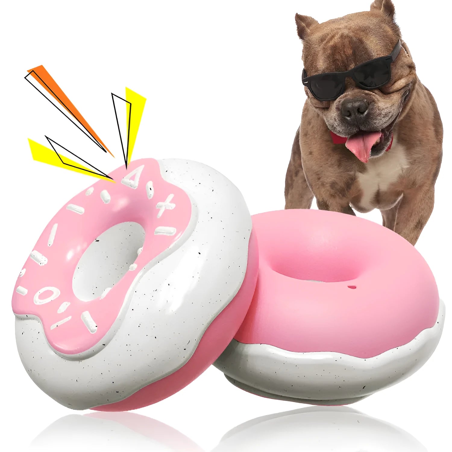 Molar teeth cleaning sound donut dog toy in TPR material showing pink, yellow, and chocolate colour options