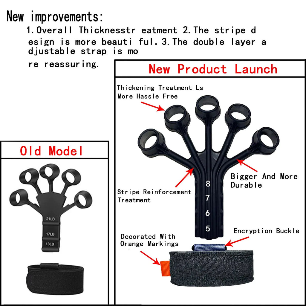 Black and grey silicone finger trainer tension rope with adjustable belt for rehabilitation.