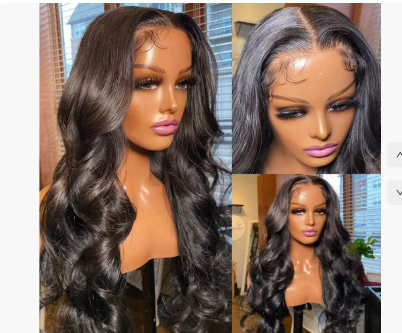 Black synthetic full-head wig with medium-length curly waves, shown on mannequin head