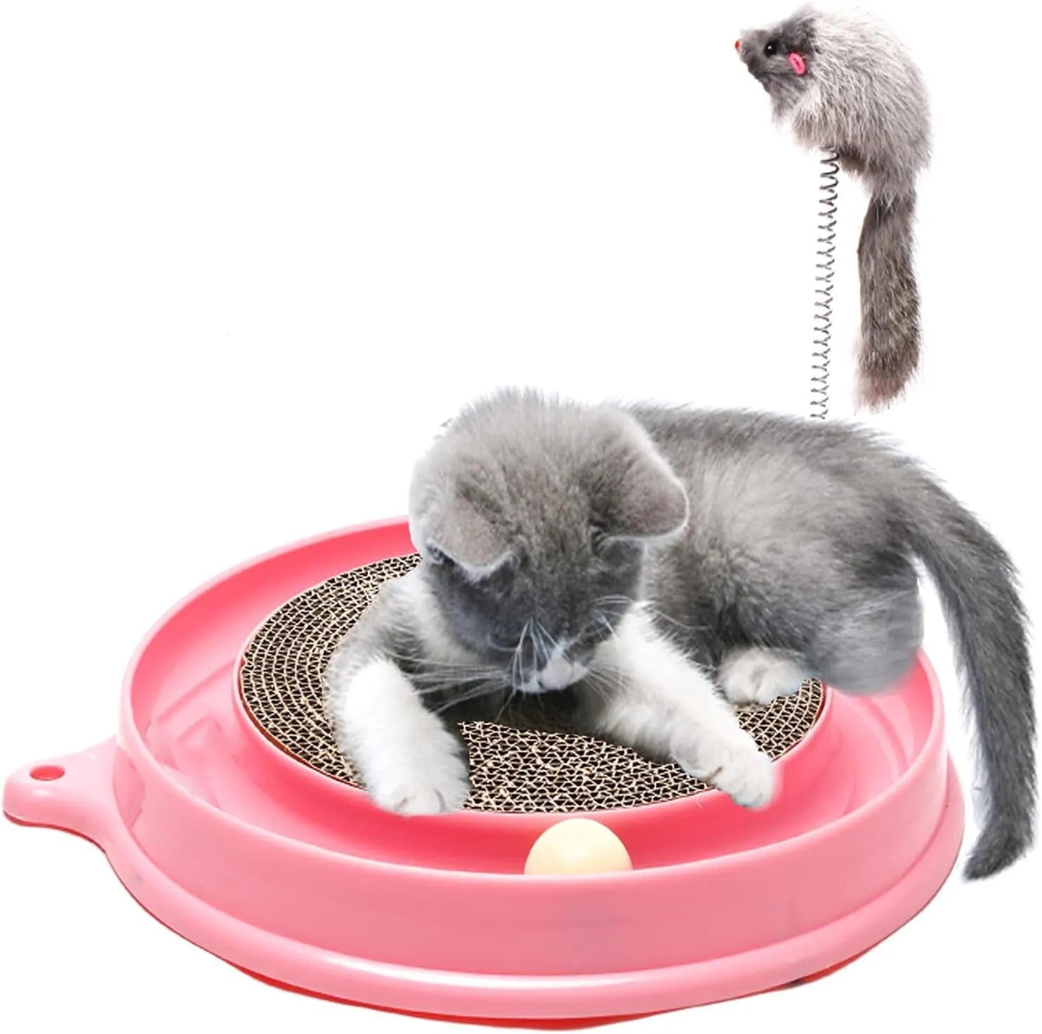 Blue cat scratching pad with circular ball track and replaceable cardboard centre for feline scratching and play