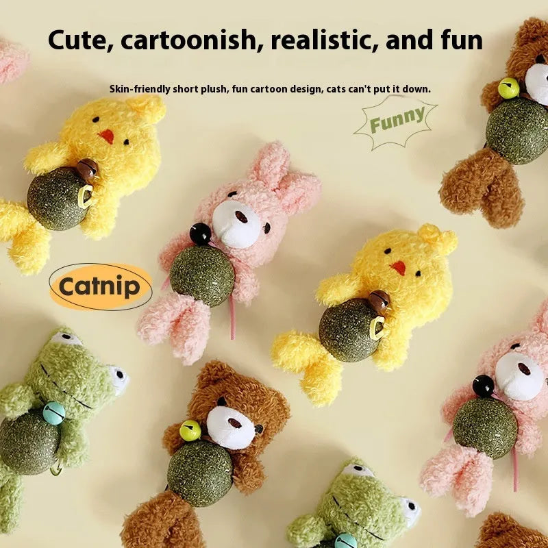 Plush catnip ball toy with mint ball inside and bell, measuring 15cm high, in assorted animal colour designs