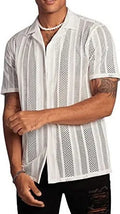 Man wearing a black knitted short-sleeved button shirt with a jacquard pattern, cardigan style.