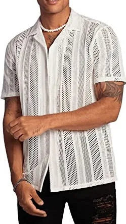 Man wearing a black knitted short-sleeved button shirt with a jacquard pattern, cardigan style.
