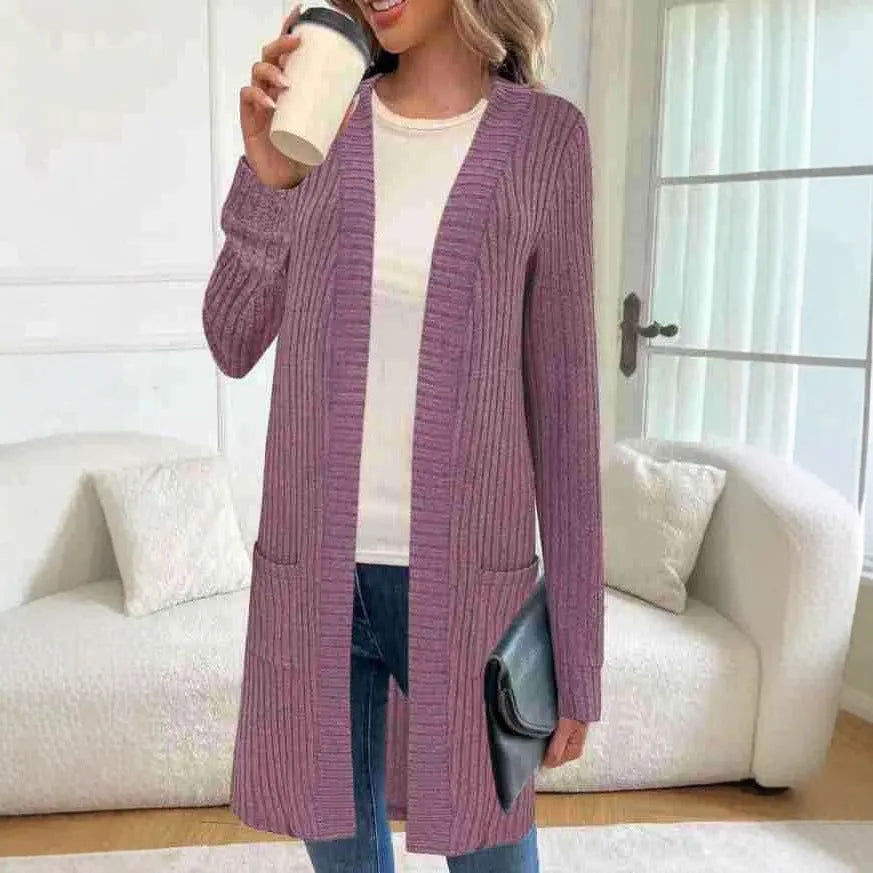 A loose-fitting long sleeve knitted cardigan jacket for plus sizes, shown in black, gray, or wine red.