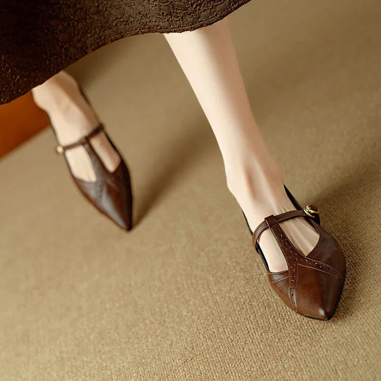 Brown women's cowhide leather flat shoes with round toe and 3-5cm mid-heel