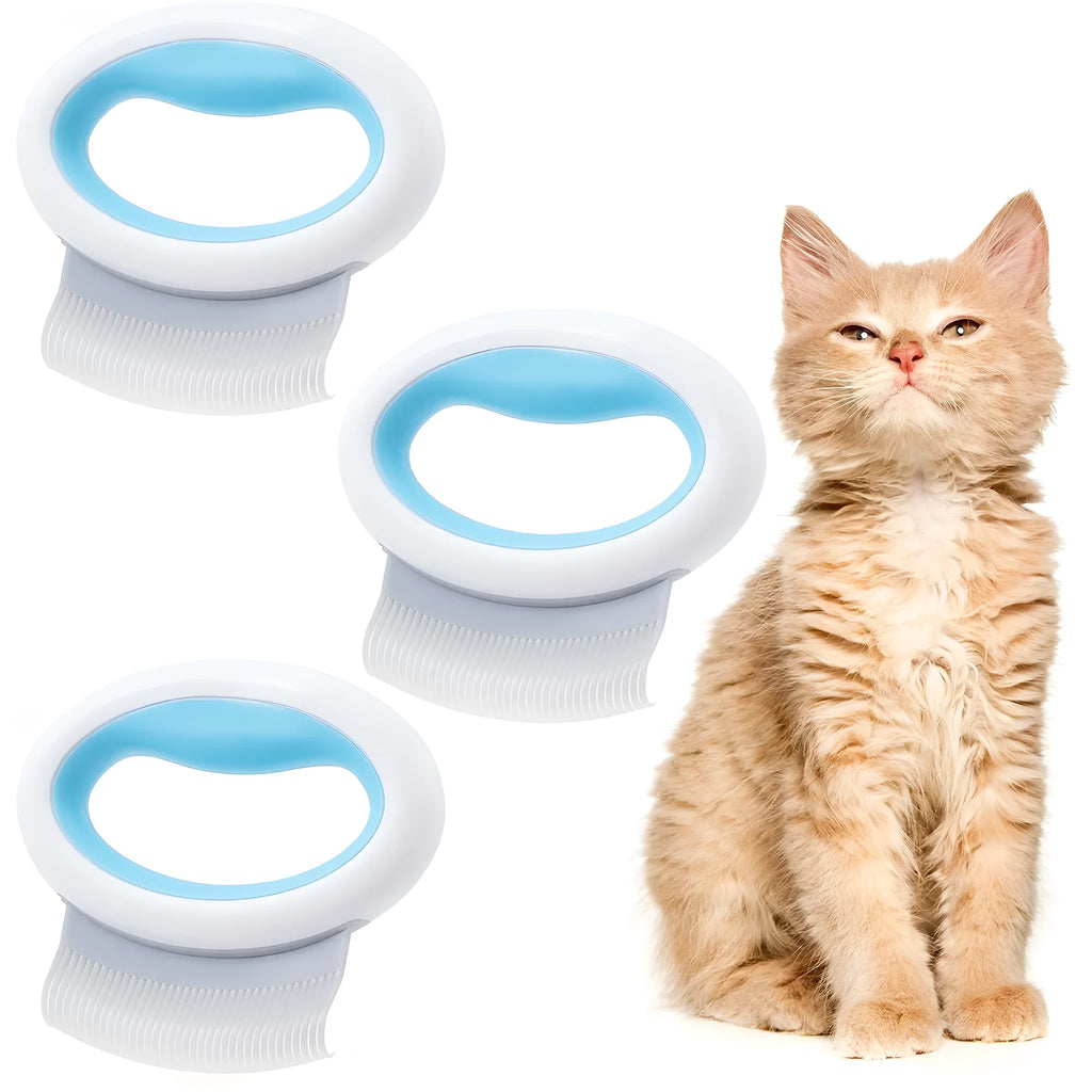 Blue pet grooming comb for deshedding and dematting cat and dog fur with ergonomic handle