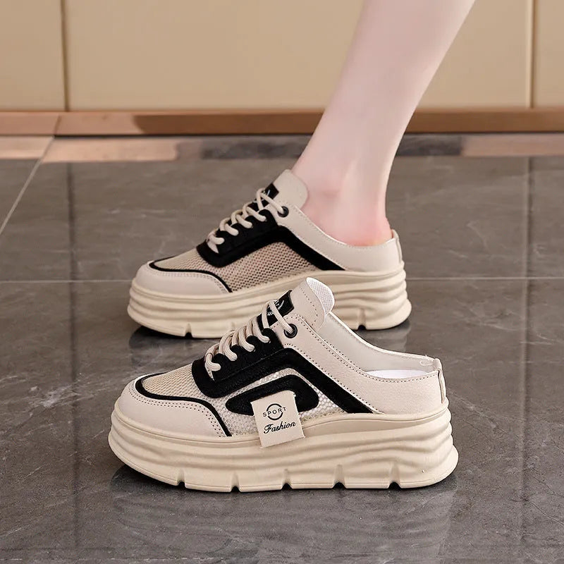 Women's mesh half slippers in black, khaki, or white with round toe and rubber sole