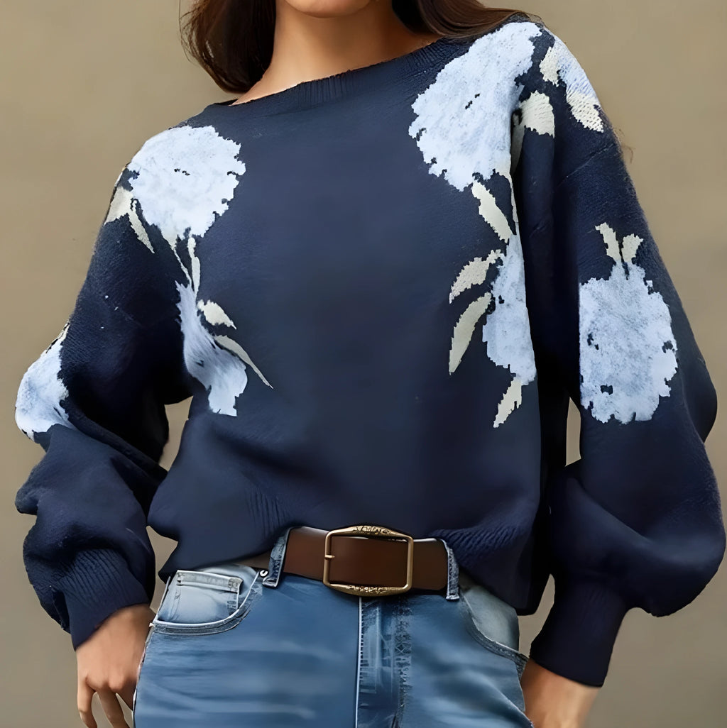 Sapphire blue women's pullover with floral jacquard pattern, loose streetwear fit