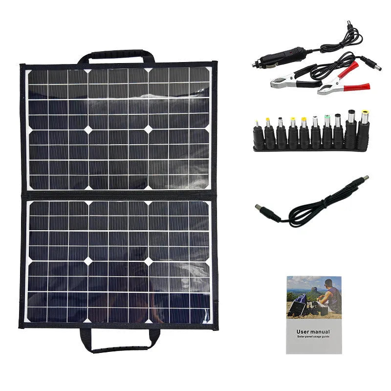 Black 40W portable solar folding panel showing compact folded dimensions for outdoor charging
