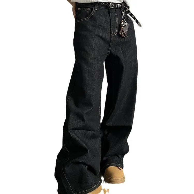 Black retro loose-fit straight-leg jeans with mid-waist and zip fly on hanger