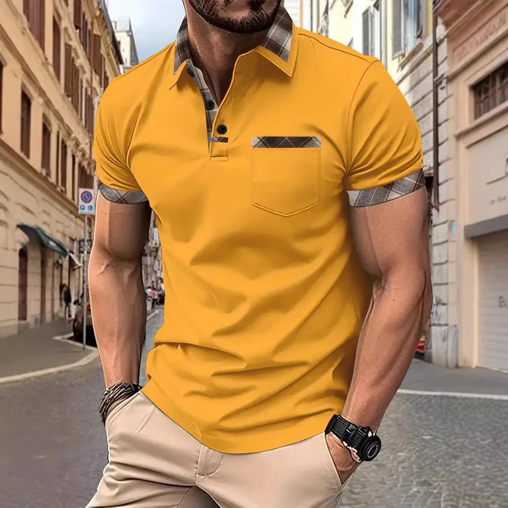 Men's colourblock plaid t-shirt with short sleeves and zipper decoration detail