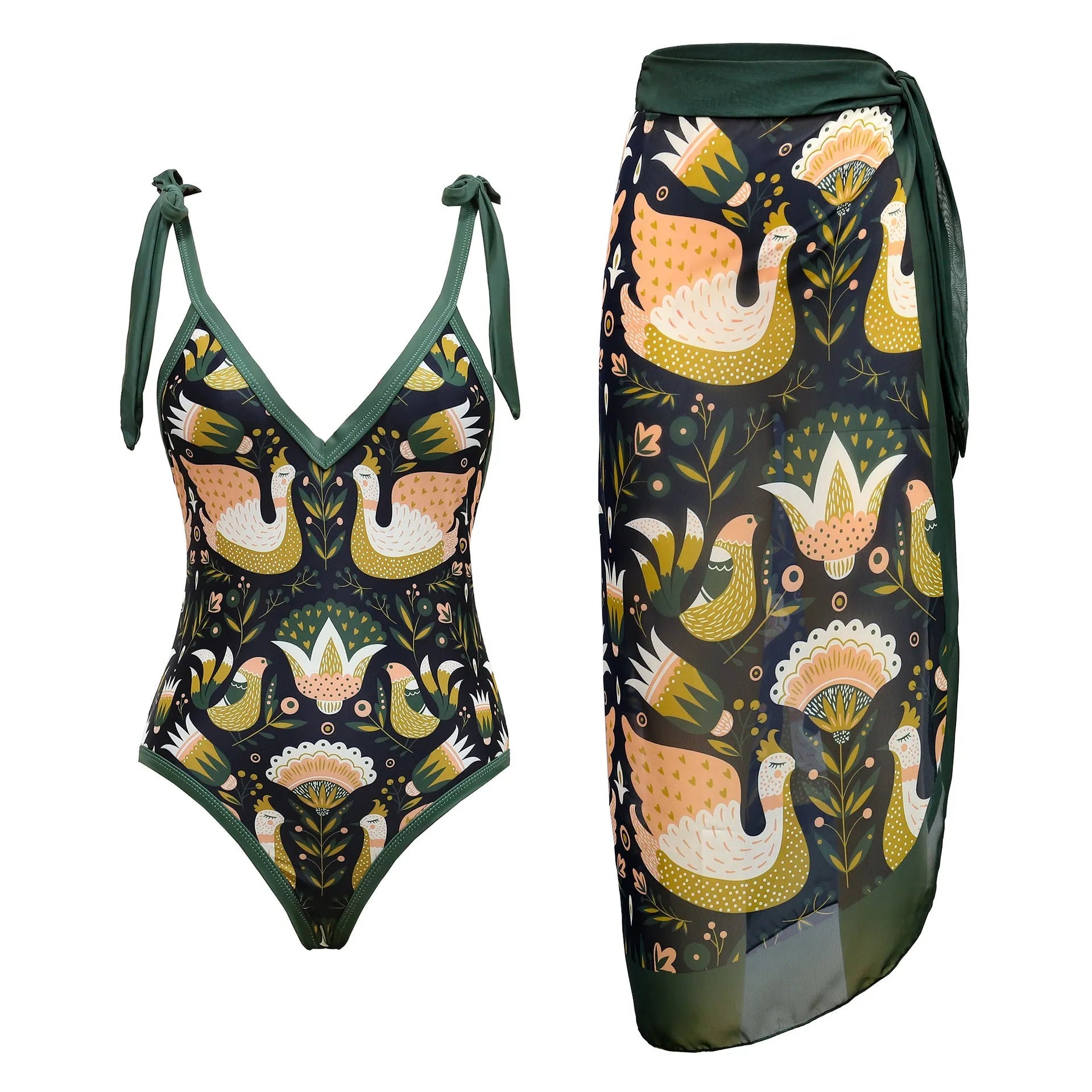 Women's solid colour one-piece swimsuit with spaghetti straps and a removable skirt attached