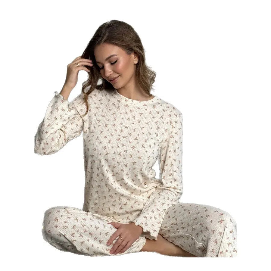 White floral print women's pyjama suit with bell sleeve top and wide-leg trousers