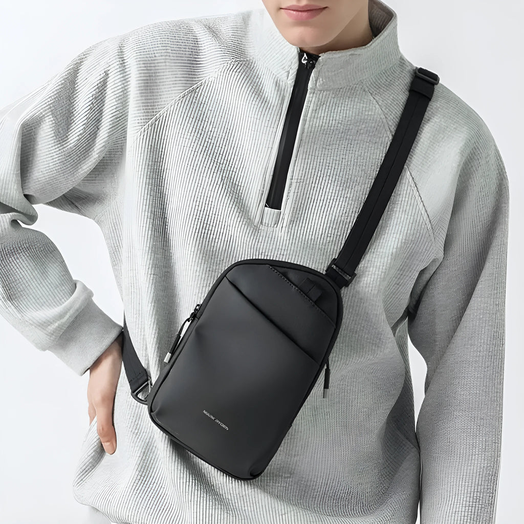 Men's black Oxford cloth crossbody bag with reinforced stitching and single-compartment design