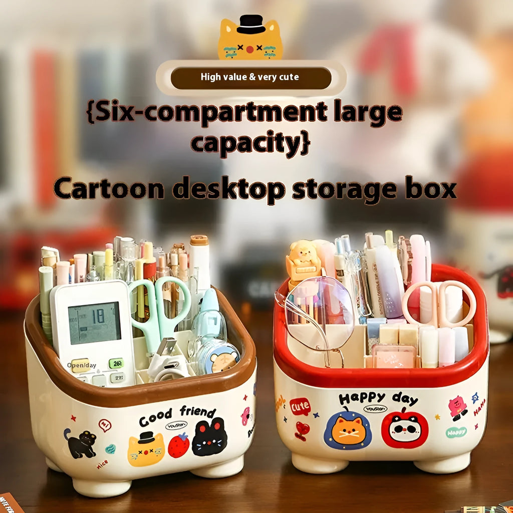 Red and brown cartoon-style plastic desktop storage organiser with grid compartments.