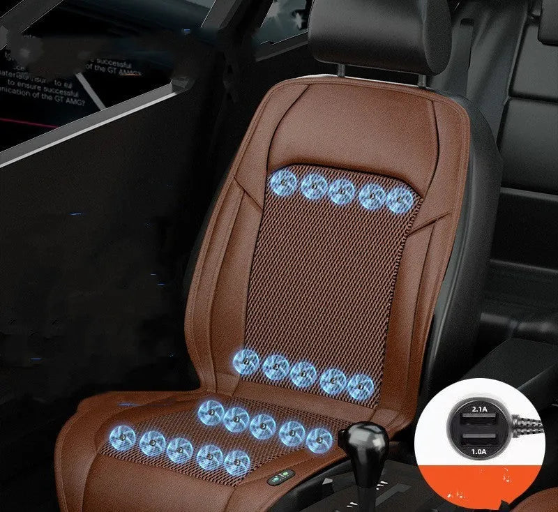 Car seat cushion with ventilation fan system showing multiple colour options and fan configurations