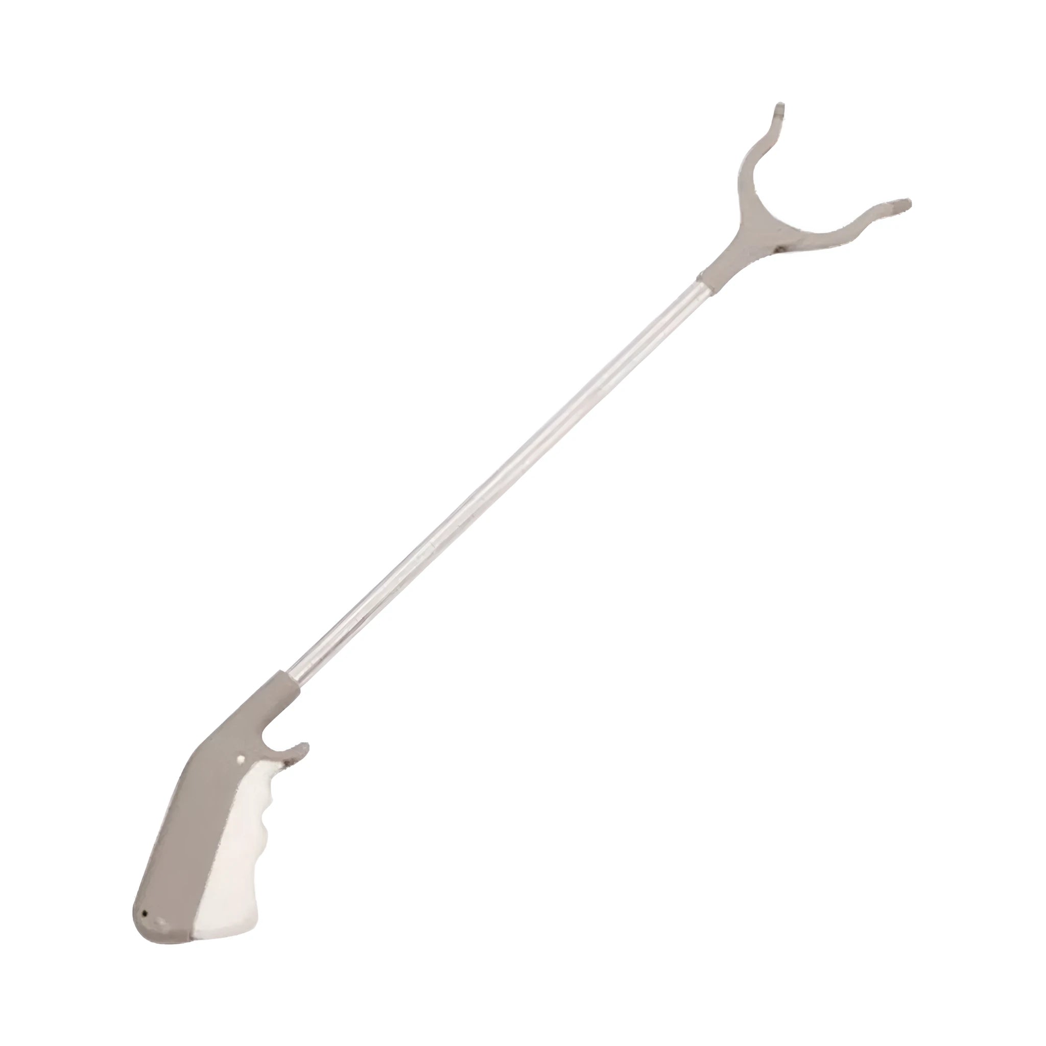 Long-handled stainless steel garbage picker pliers with a push-type handle.
