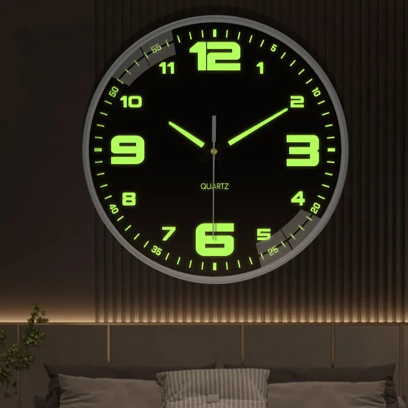 Modern 8 inch diameter luminous wall clock with silent movement on a wall.