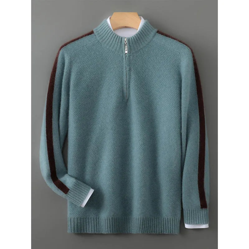 Slim fit sheep wool knitted sweater with half zip and round neck in camel colour