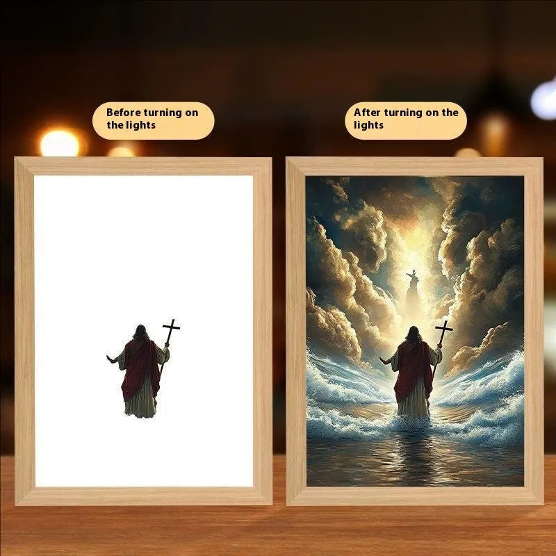 Modern rectangular LED light painting frame showing a sea and home scene on a wall.