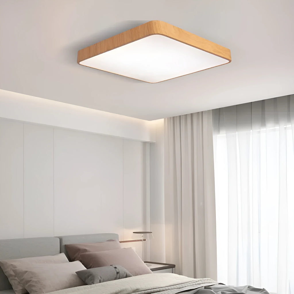 Nordic LED wood grain finish bedroom ceiling light with modern iron art frame in square design