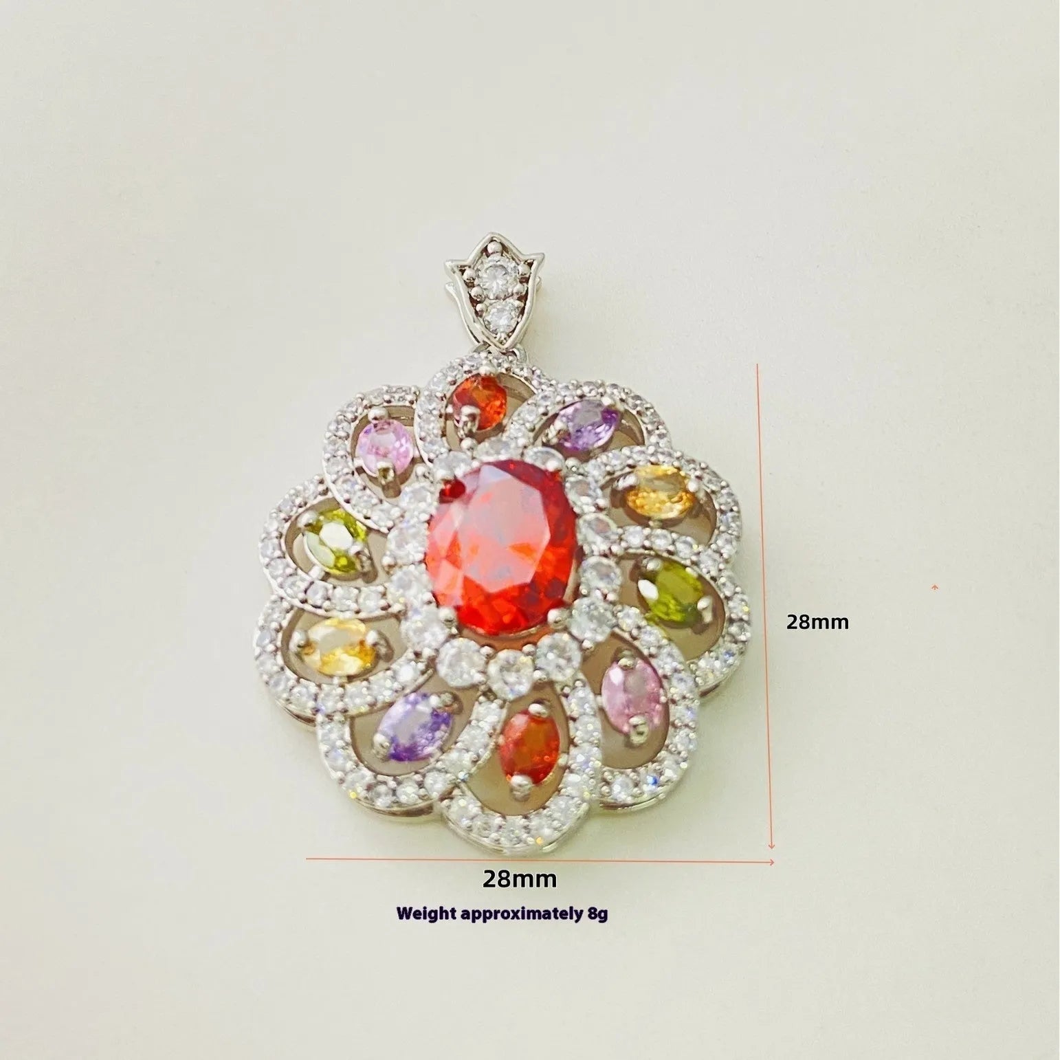 Women's colourful zircon floral pendant necklace showing gold, champagne gold and platinum colour options