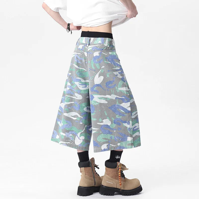 Denim camouflage cropped trousers with pockets and straight leg cut