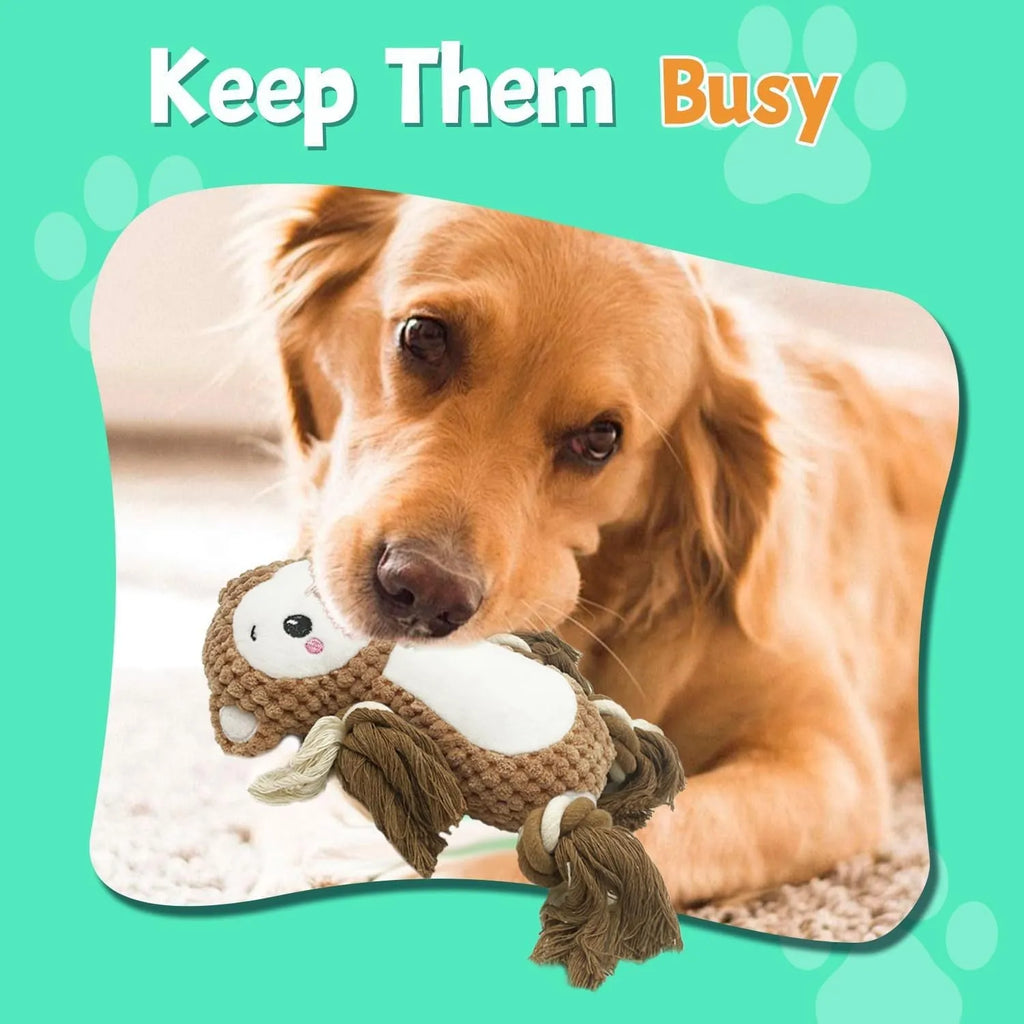 Lion and monkey plush squeaky dog toys bundle for medium and large dogs.
