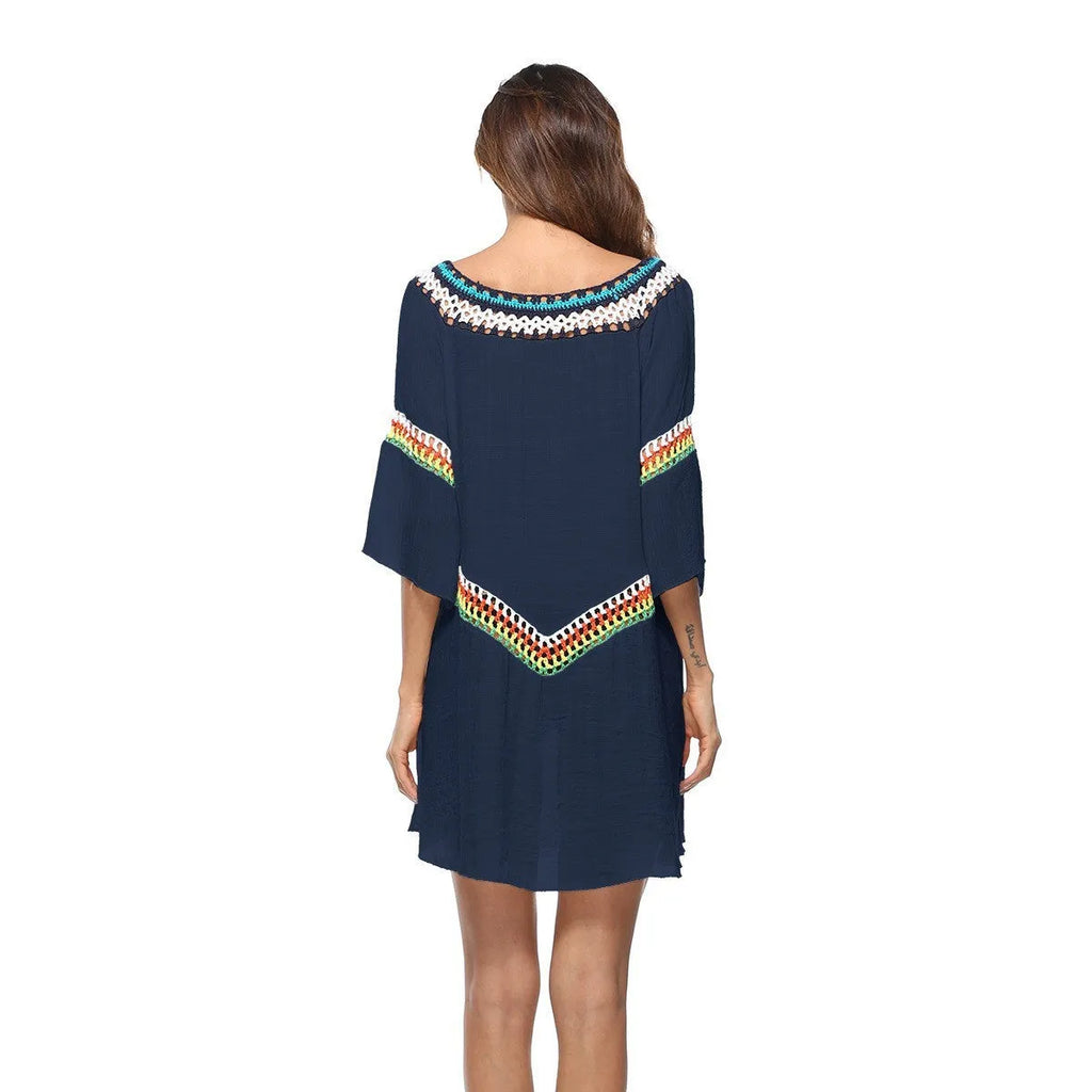 Crocheted ethnic style women's beach clothing in acrylic fabric for sun protection during swimming