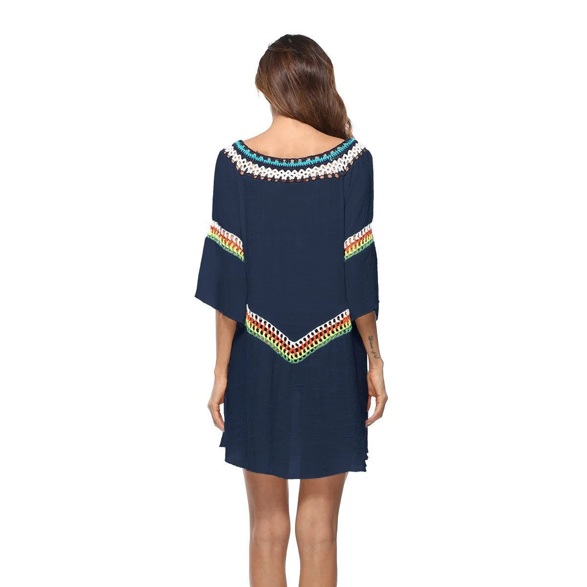 Crocheted ethnic style women's beach clothing in acrylic fabric for sun protection during swimming