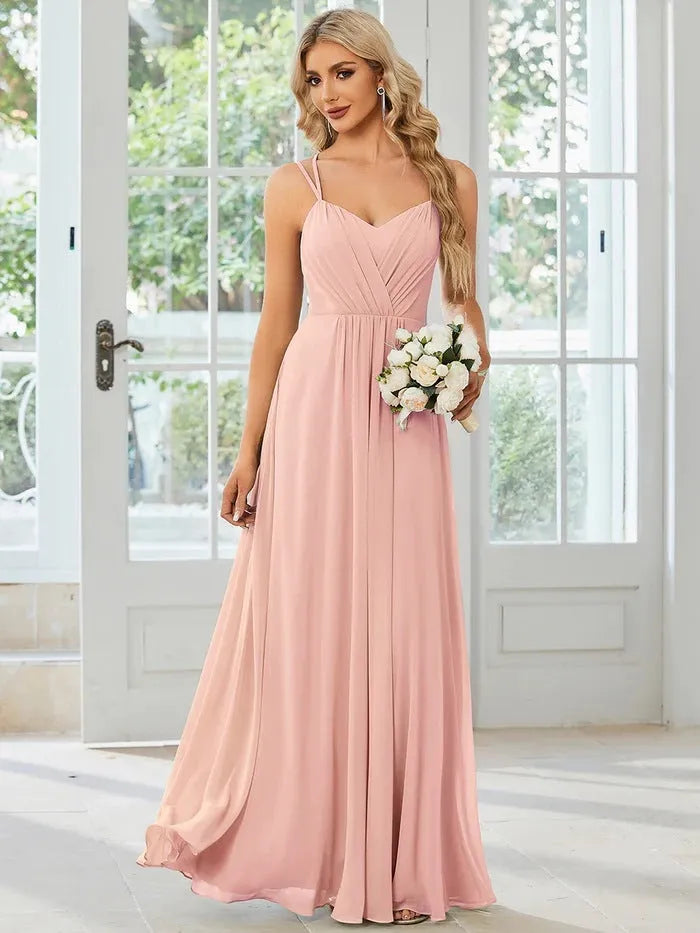 Women's sleeveless long pleating dress in solid color A-line skirt style available in light green navy blue and wine red
