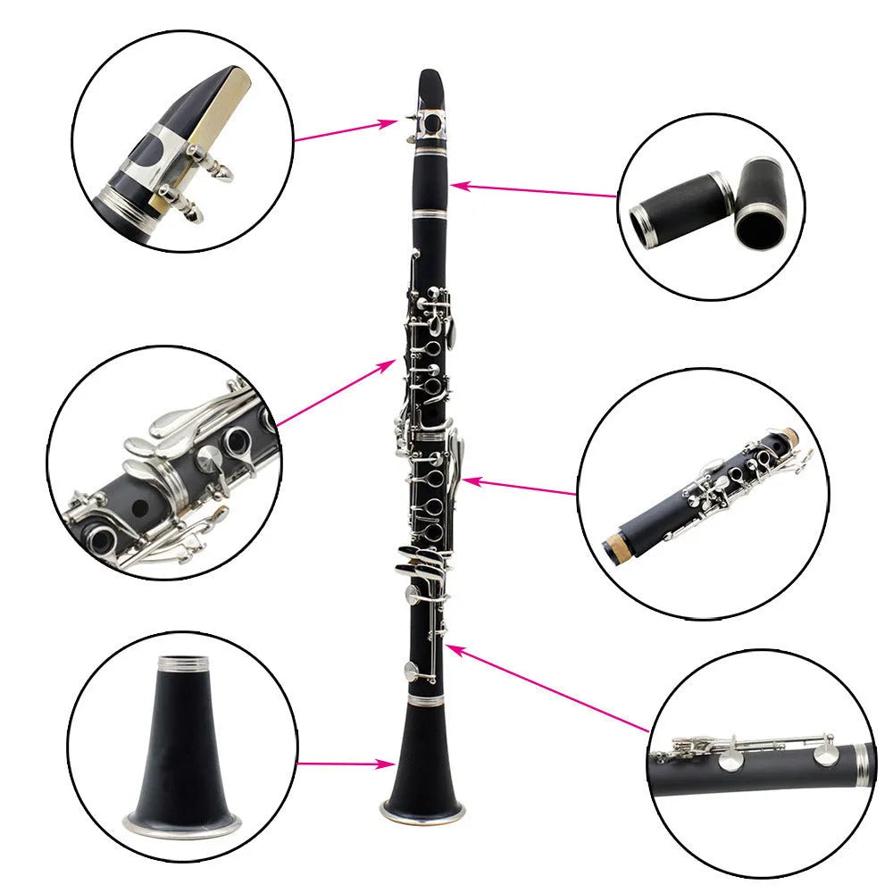 Black Bakelite clarinet with nickel keys and protective carry bag for beginner students