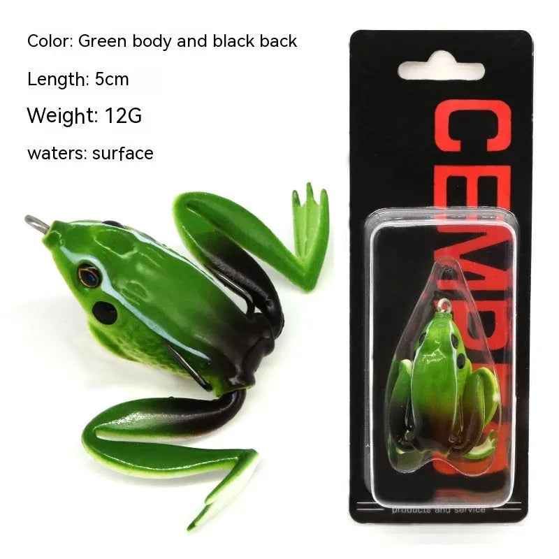 Bionic frog fishing lure with snake head pattern and double hooks in grass green colour