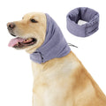 A black dog wearing a purple polyester calming hoodie that covers its head and ears.