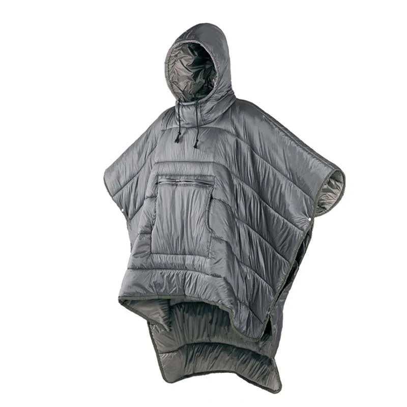 Adult-sized grey outdoor cloak sleeping bag with waterproof nylon exterior shown in wearable cape configuration