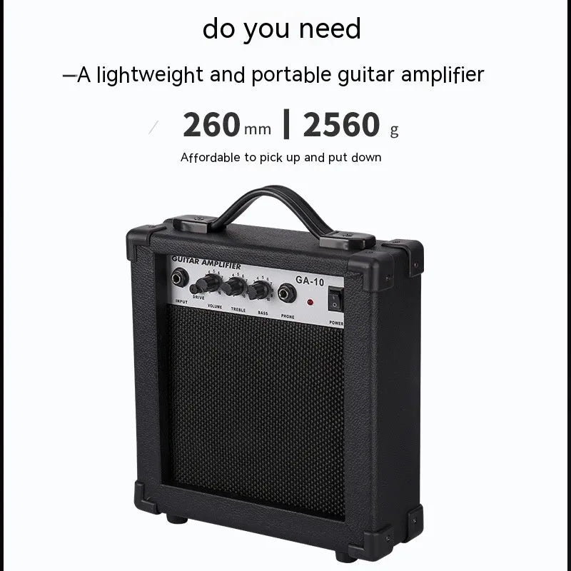 Small and easy to carry guitar audio amplifier with metal plastic construction, 25 by 8 by 26 cm