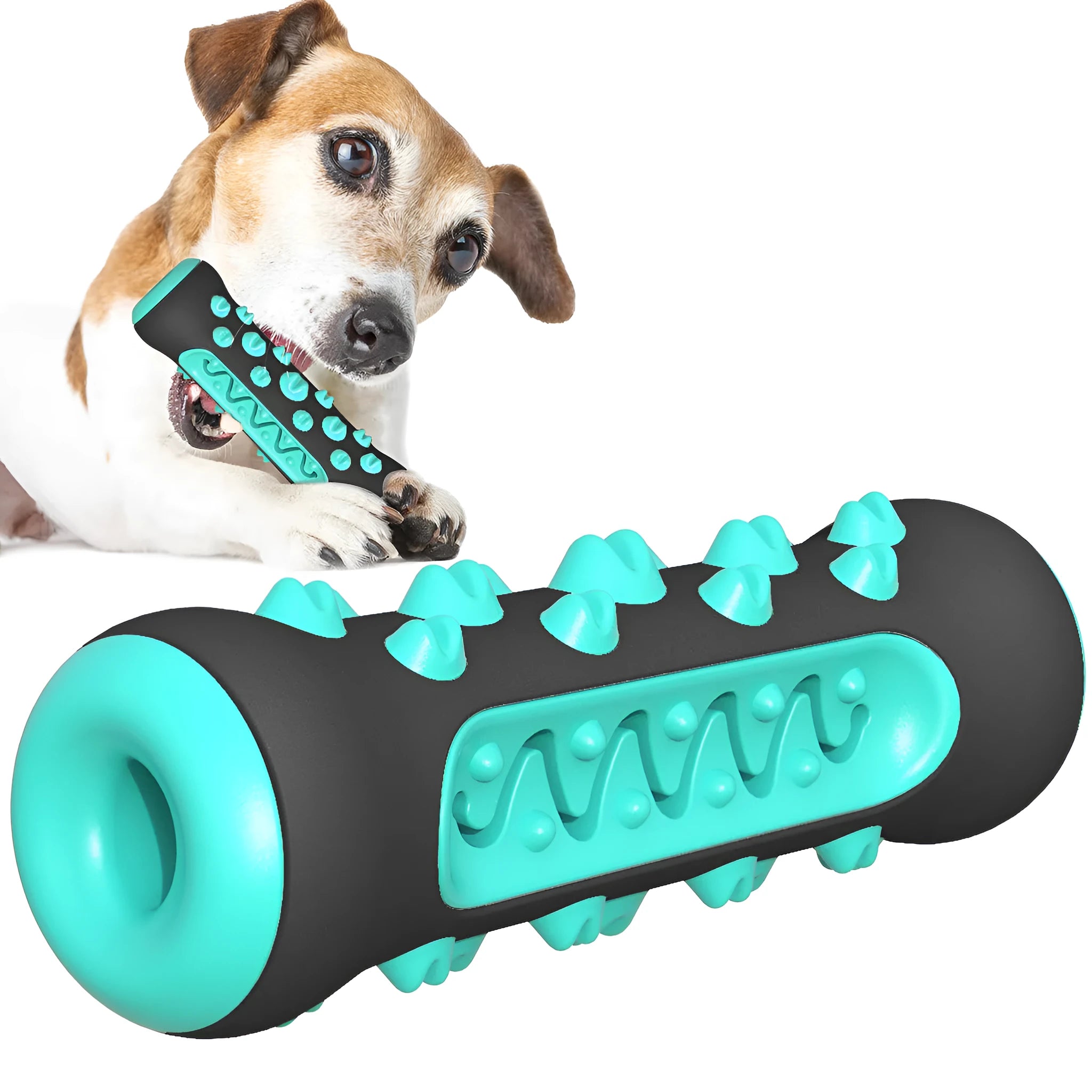 Natural rubber dog dental chew stick toy in blue colour with cleaning nubs.