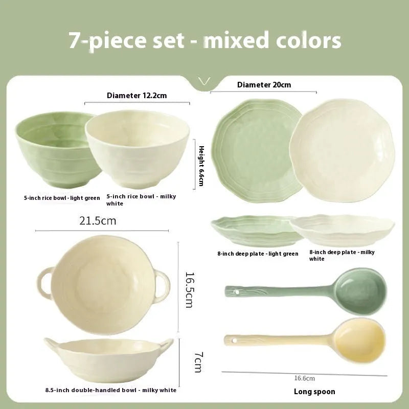 Seven-piece ceramic tableware set in solid colours with modern Japanese style design