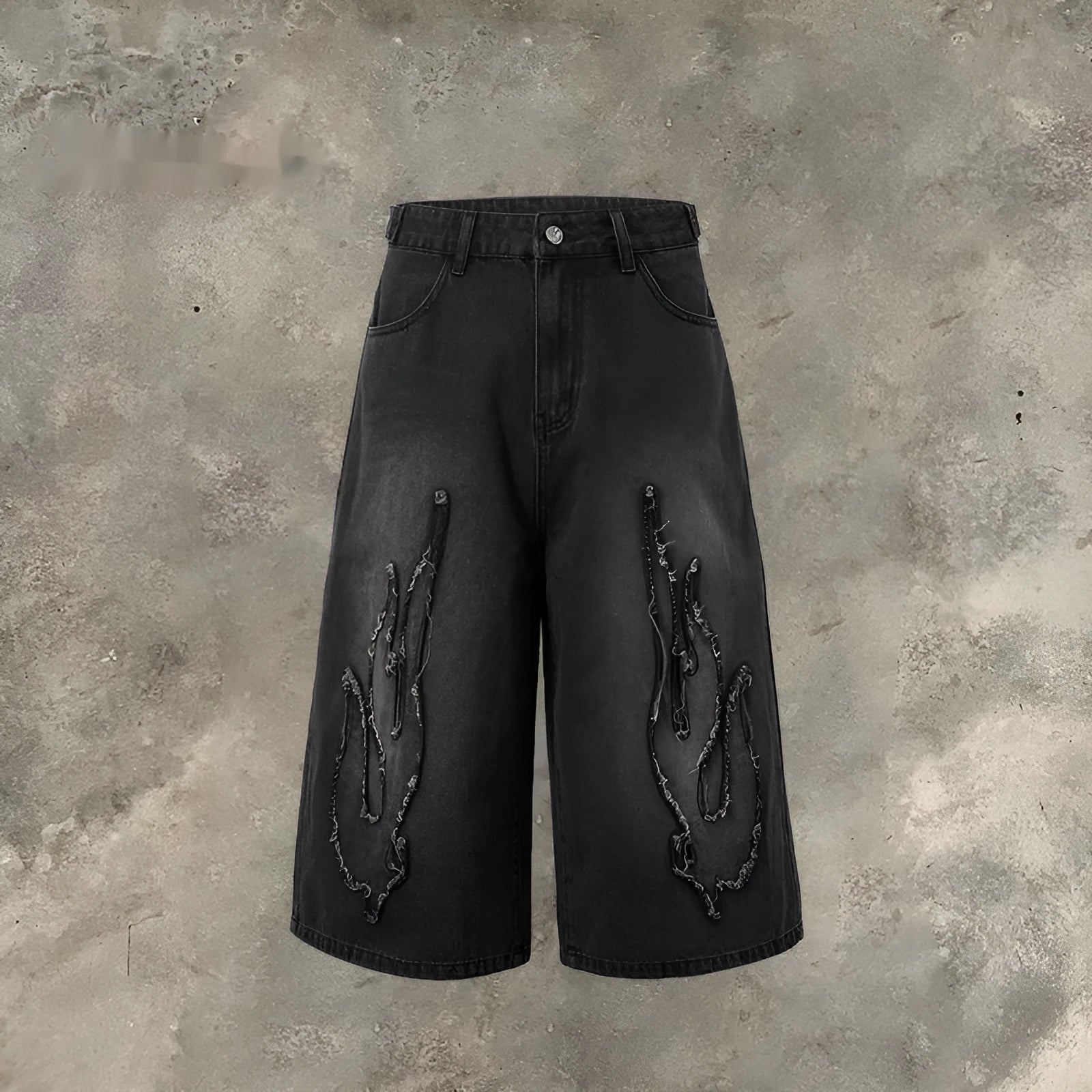 Men's cropped denim shorts with flame embroidery patch in straight leg cut