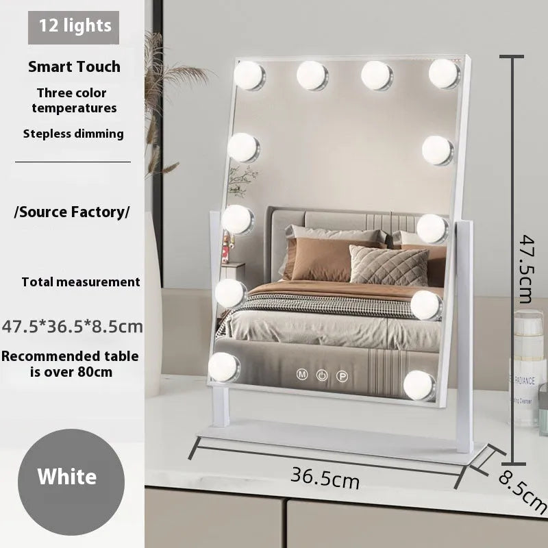 Desktop LED fill light mirror with metal frame, aluminium lens, 9 lights, black colour