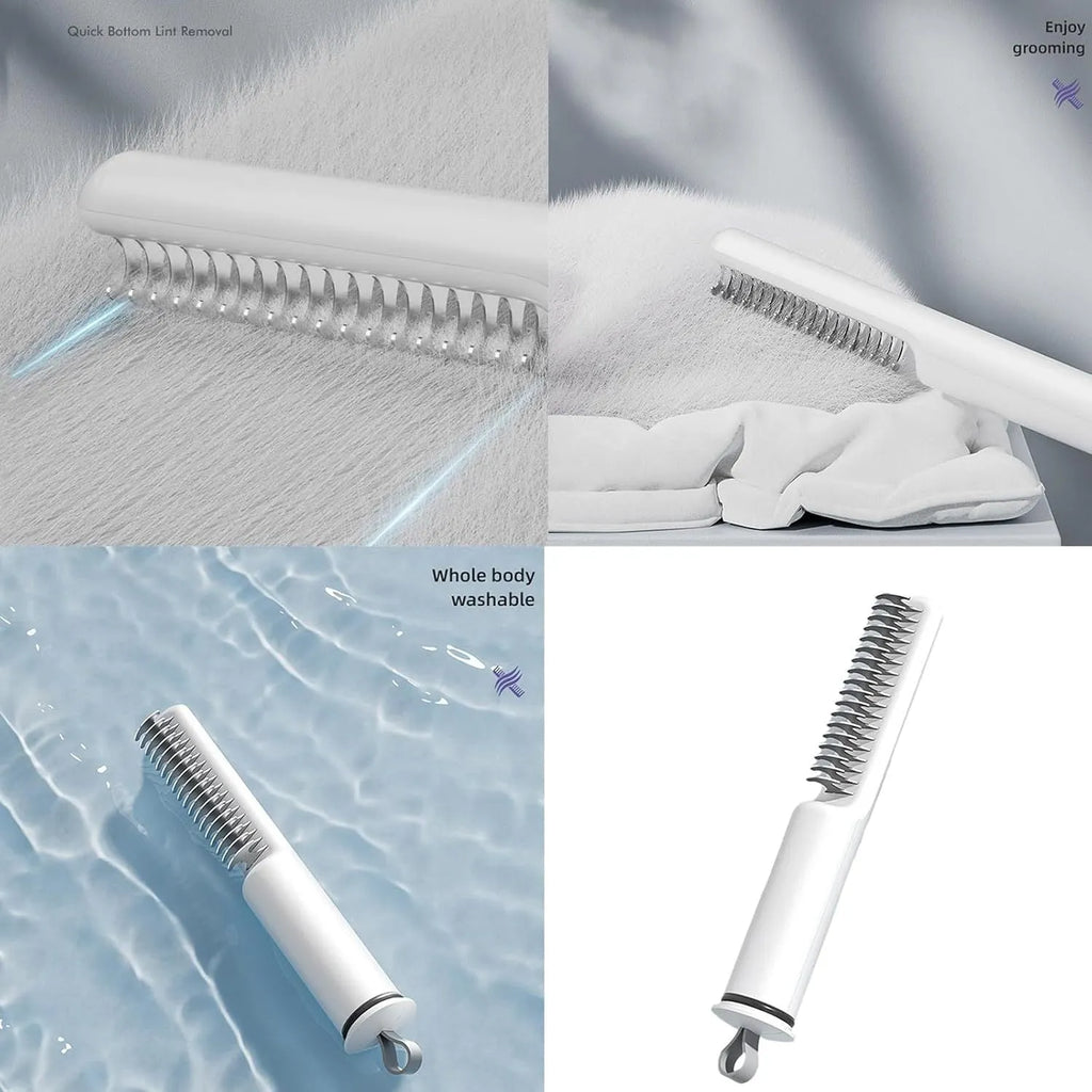 Stainless steel pet detangling comb with rake teeth on a pink handle for removing knots from dog hair.
