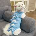 Lace-up polyester cat sterilisation recovery suit in assorted colours on a size chart