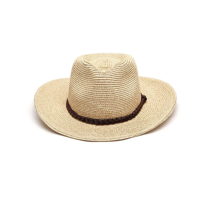 Men's foldable straw sun hat with wide brim in mixed beige colour, shown in folded and unfolded positions