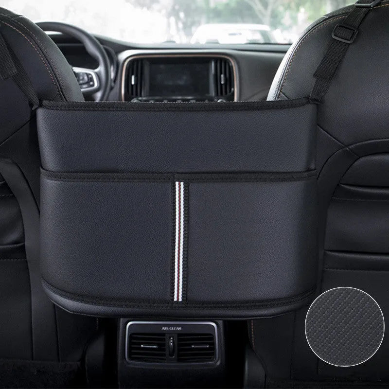 Black leather car seat storage bag with carbon fibre pattern measuring 38x24x15cm