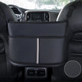 Black leather car seat storage bag with carbon fibre pattern measuring 38x24x15cm