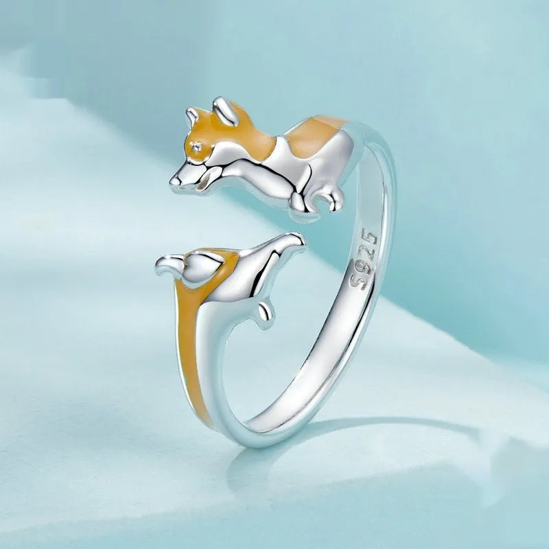 Silver electroplated cartoon corgi pet ring for women with adjustable design