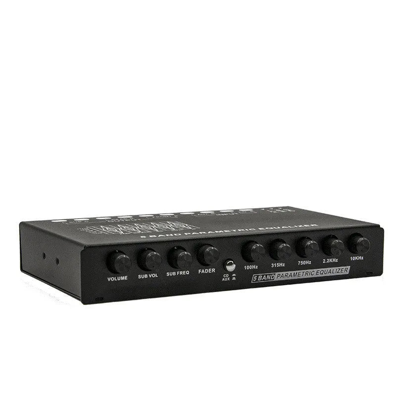 Black car audio equaliser amplifier unit with control knobs for 6-channel output and subwoofer tuning.
