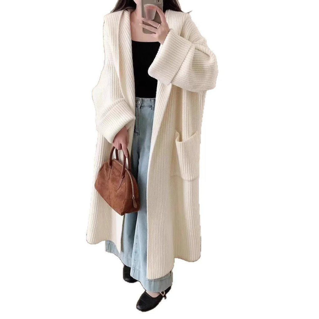 Women's loose hooded cardigan coat in acrylic fibre with 80cm length
