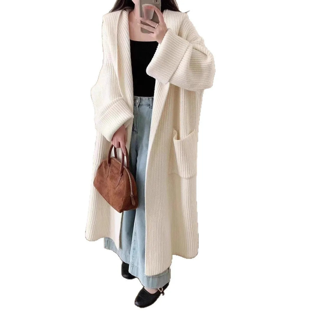 Women's loose hooded cardigan coat in acrylic fibre with 80cm length